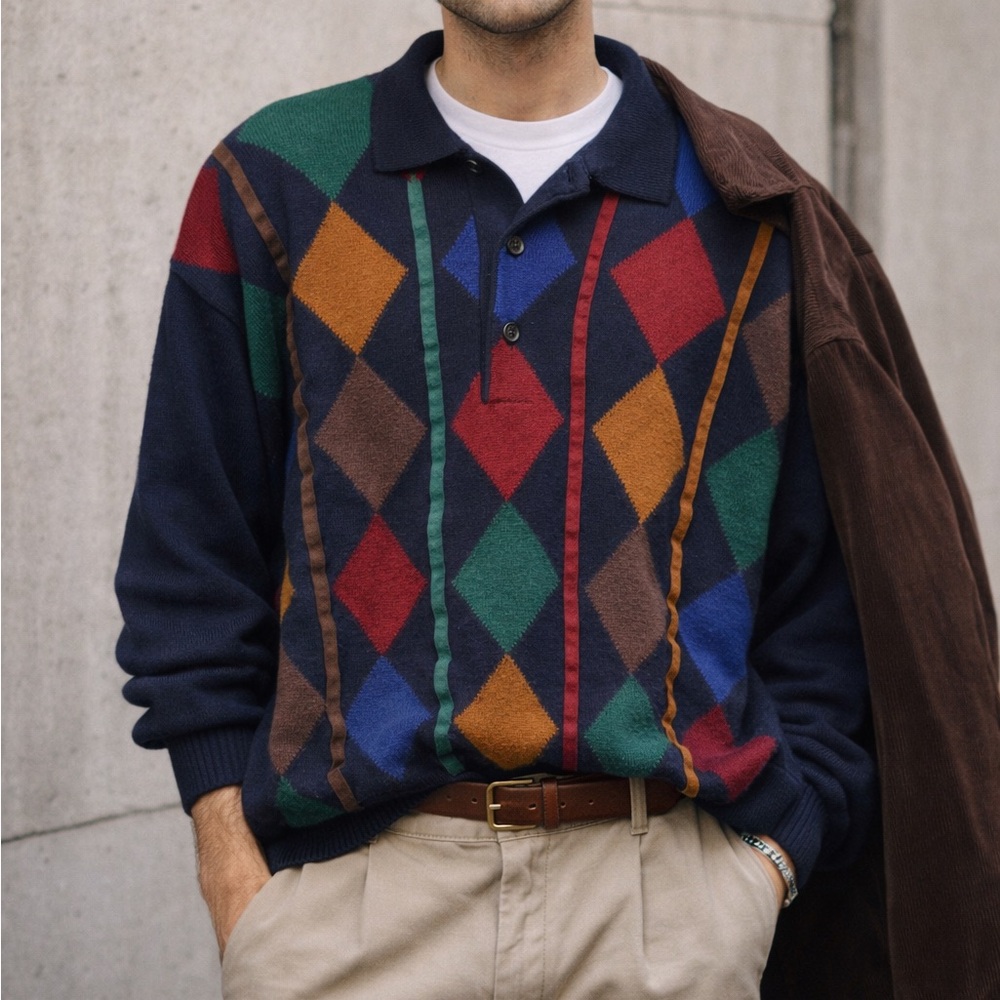 Vintage 80s/90s Italian Wool Argyle Collared 1/4 Button Up Sweater‎ Size Large